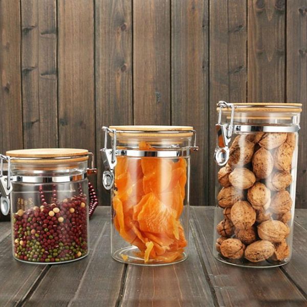 

glass sealed kitchen storage jars with bamboo lids stainless steel buckle transparent container bottles &