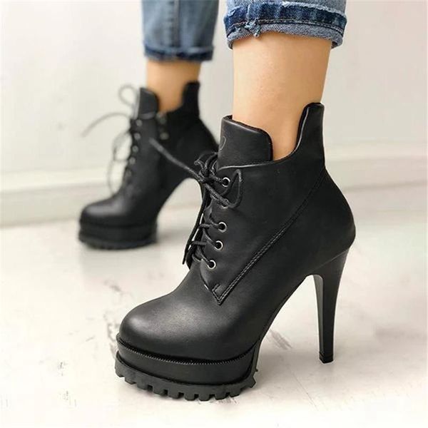 

boots women solid lace-up eyelet platform thin heeled heel boot high, Black