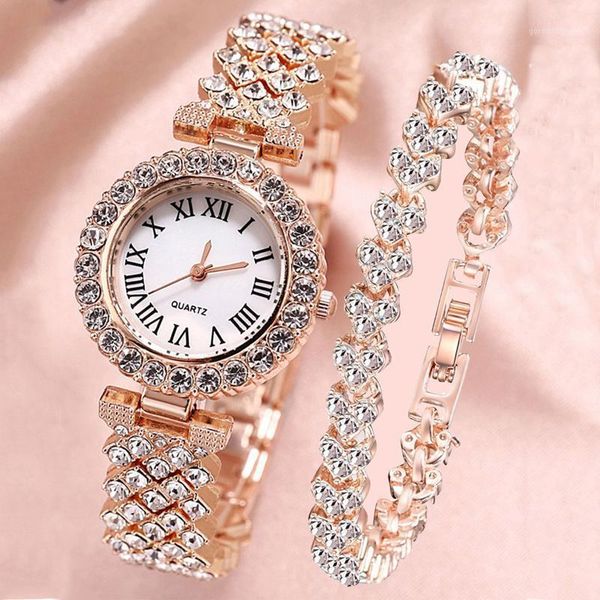 

fashion trend business diamond inlaid luxury elegant quartz watch with bracelet (2pcs / set) women design wristwatches, Slivery;brown
