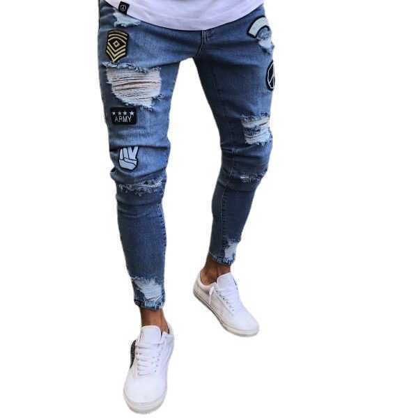 

jeans badge men's knee hole zipper leggings pants, Blue