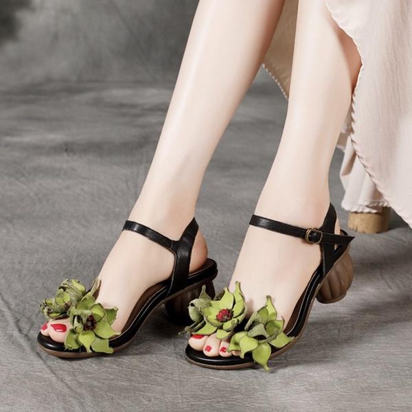 

dress shoes womens genuine leather 3d flowers strange heel sandals vintage open toe retro girls 2021, Black