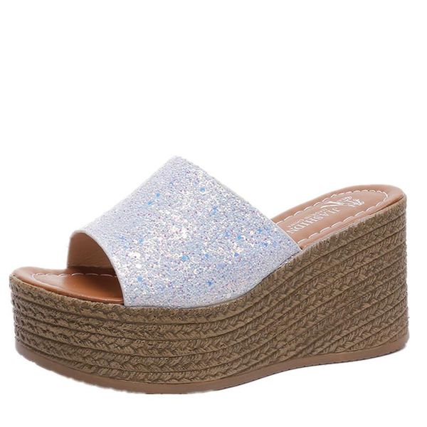 

slippers summer wedge women bling sequins fashion casual black ladies shoes platform high heels slip-on non-slip slipper
