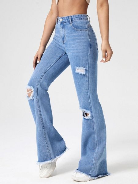 

ripped raw hem boyfriend jeans 32me#, Blue