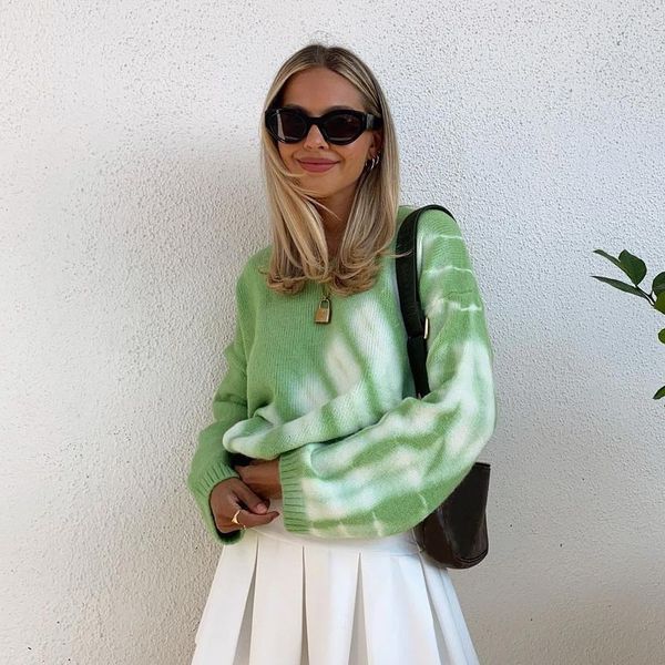 

women's sweaters mosimolly female sweater knitted with tie-dye, elegant, green/white, winter shirt, feminine, urban fashion, plus size,, White;black