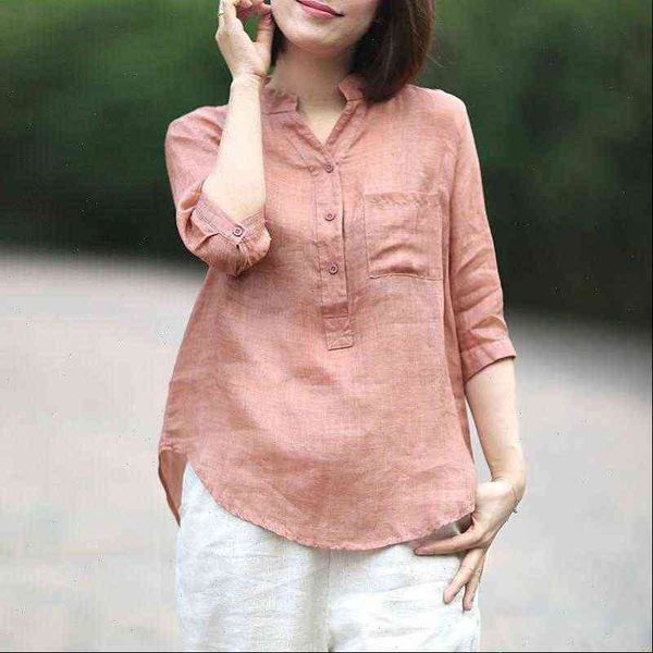 

summer style plus size half womens shirt sleeve loose casual v neck blouses femme cotton linen vintage cyk1, White