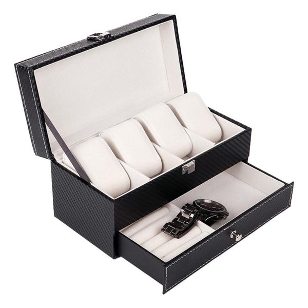 

jewelry pouches, bags 4 grids double layers watch box case carbon fiber pu rings earrings display storage holder organizer luxury gift, Pink;blue