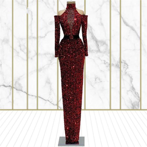 Sparkle Burgundy Abiye Suudi Arabistan Uzun Balo Abiye Custom Made Kristaller Parti Gece Giymek 2021 Dubai Sequins Pageant Elbise