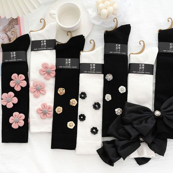

socks & hosiery sequined diamond ladies high tube calf handmade design big bow college style three-dimensional flower stockings lolita, Black;white