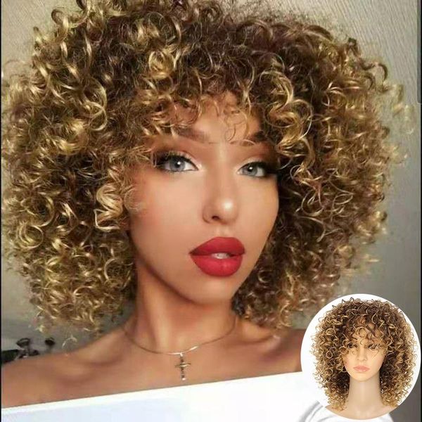 

synthetic wigs short afro curly for black women ombre blonde kinky hair wig with bangs heat resistant american cosplay