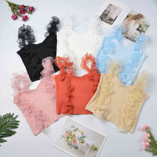 

super and chic women ruffle mesh patchwork knitted tank casual top, White