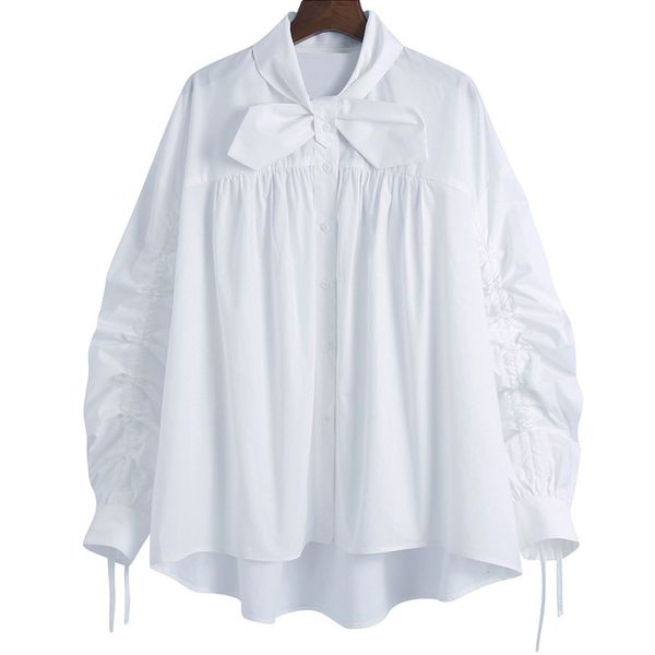 

spring women office lady blouse single breasted bow collar drawstring long-sleeved minimalist loose shirt 8y157 210510, White