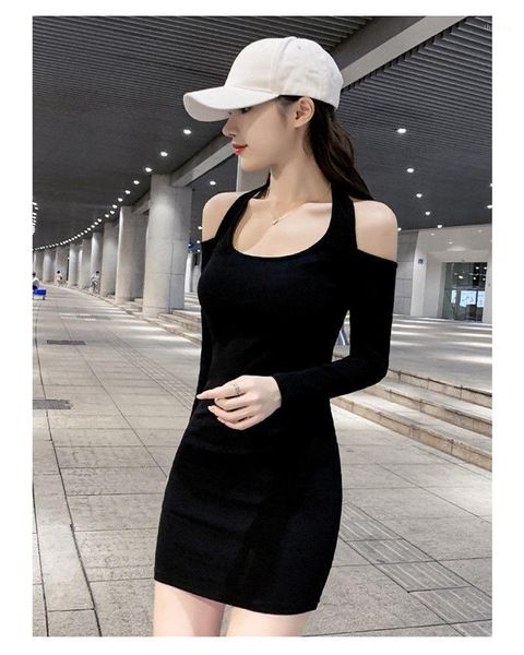

casual dresses backless dress women long sleeve bodycon party off shoulder o neck mounted sheath mini club 2021 spring robe, Black;gray