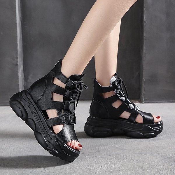 

rimocy retro pu leather platform sandals women 2021 summer hollow out peep toe gladiator woman roman style beach shoes, Black