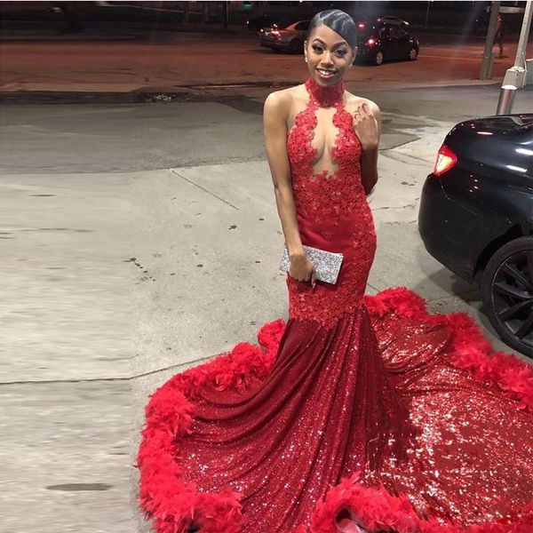 

bling red evening dresses feather sequins lace appliques sleeveless glitter formal prom party gowns custom made robe de mariÃ©e, Black;red