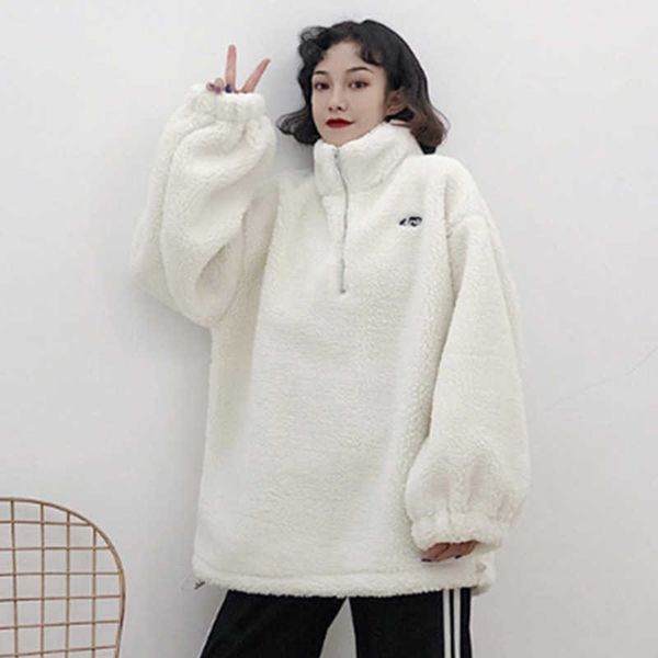 

winter outwear faux wool fur sweatshirt women loose streetwear warm pullover casual oversize coat fashion female thick overcoat 210531, Black