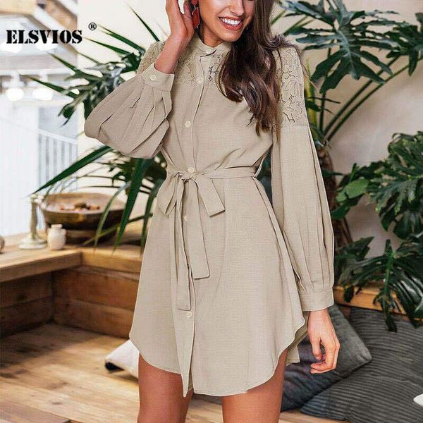 

lace o neck solid color long sleeves dress casual autumn cardigan buttons bandage office lady elegant shirts dresses, Black;gray