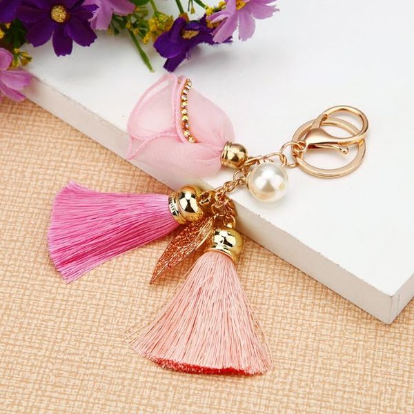 

keychains cute daisy tassel car key chain silk ring female bag pendant keychain sweet flower ornament, Silver