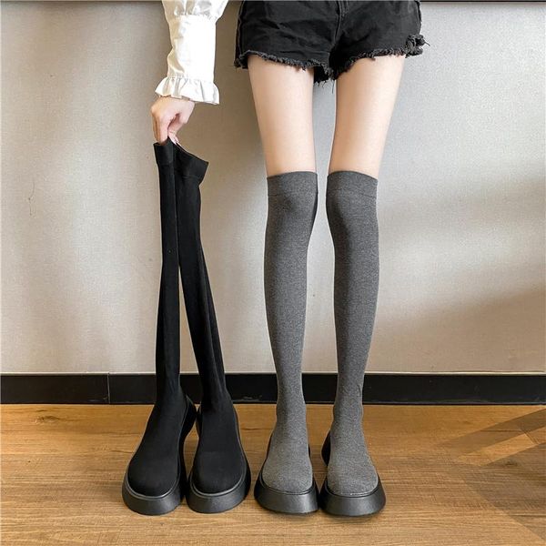 

boots flat heel platform women boots-women female shoes round toe luxury designer clogs over-the-knee rock 2021 ladies med autu, Black