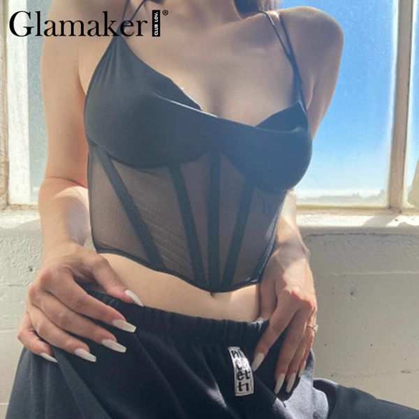 

glamaker sleeveless corset party white vest v neck backless lace-up fashion tank camis women spring summer crop new 210414