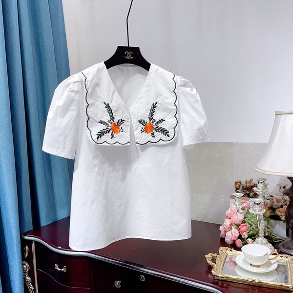 

2021 summer korean style exquisite embroidered puff sleeve doll shirt womens ruffled elegant doll collar loose blusas, White