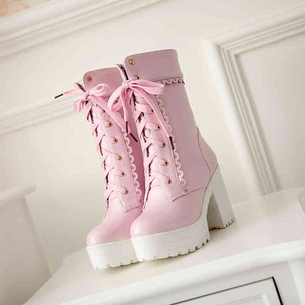 

boots yqbtdl fashion young square heels booties lace up platform autumn ankle for women pink white black biker cosplay boot lady 0s90