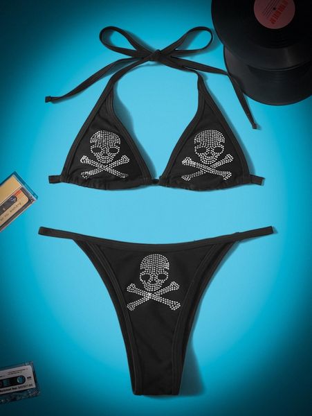 

romwe skull pattern triangle thong bikini swimsuit o2s4#, White;black