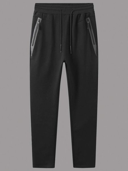 

men slant pocket drawstring waist pants 25vu#, Black