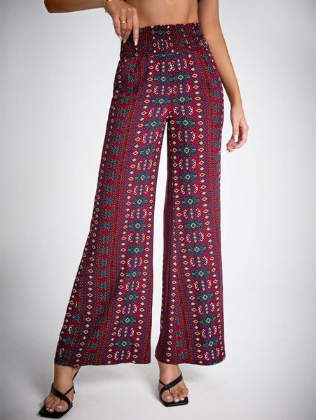

tall shirred geo allover print wide leg pants w76d#, Black;white