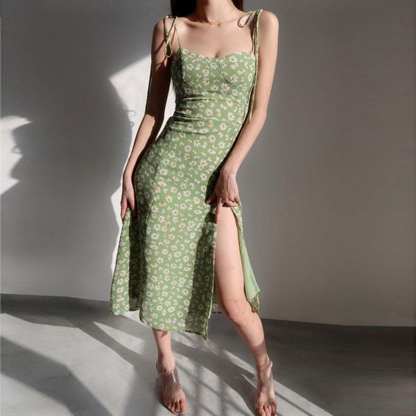 

casual dresses vintage floral print slim side split dress sleevelss lace up spaghetti strap midi women green long holiday 2021, Black;gray