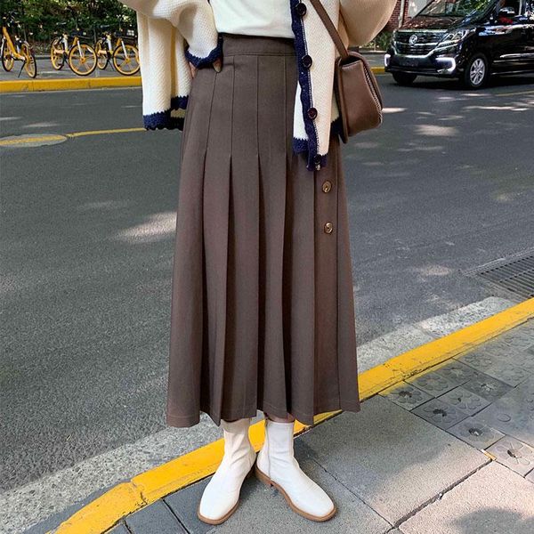 

skirts 3 colors 2021 autumn female long women korean style high waist pleated skirt button a line midi womens (x1571), Black