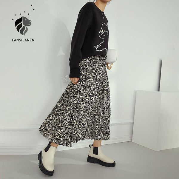 

fansilanen high waist zebra print striped pleated skirt women autumn winter elegant long female streetwear vintage 210607, Black