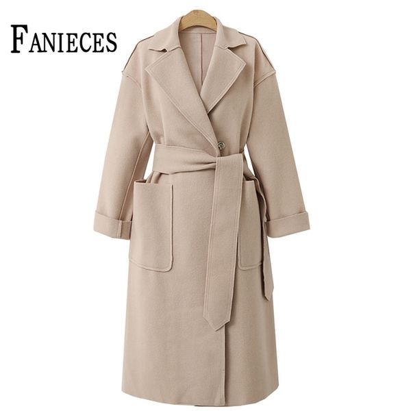 

autumn winter women long casual woolen coat bandage fashion elegant wool overcoat vintage abrigo mujer 210520, Black