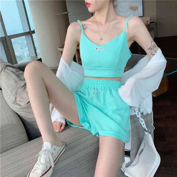 

summer green outfit woman training apparel casual sports suit solid color breast wrap shorts two piece set sportswear 210514, White