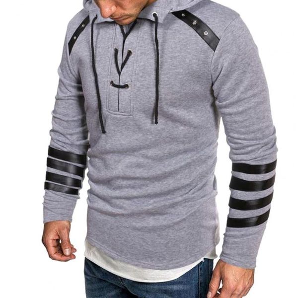 

men's hoodies & sweatshirts men sweatshirt llong sleeve faux leather stitvhing drawstring hooded lace up autumn hoodie for daily outwea, Black