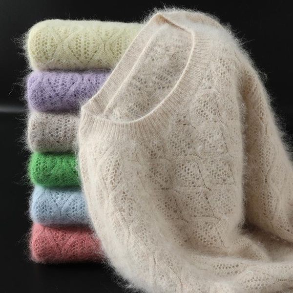 

women's sweaters 21 autumn fashion hollow 100% pure mink cashmere round neck sweater women loose pullover color knitted bottoming shirt, White;black