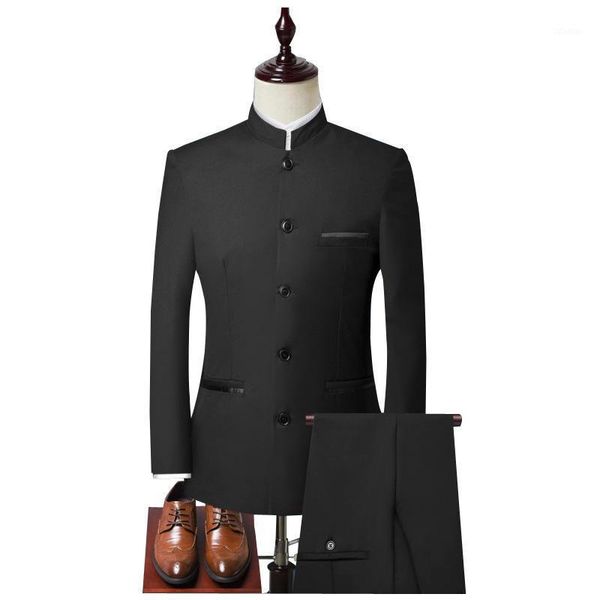 

men's suits & blazers stand-up collar formal casual slim chinese style office meeting 2 piece sets (blazer+pants) dress, White;black
