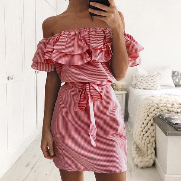 

casual dresses stripe woman dress one-word neck off shoulder sleeveless ruffle mini lacing preppy style women ropa mujer, Black;gray
