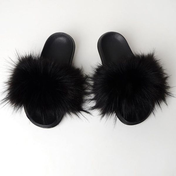 

slippers women faux fur arrival raccoon slides plush fluffy furry cute shoes, Black