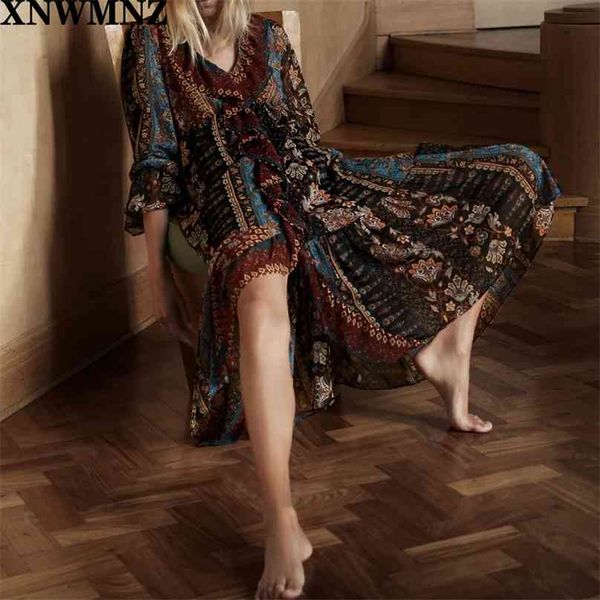 

women vintage cloth patchwork print ruffles vestido dress female totem floral pleat midi dresses 210520, Black;gray
