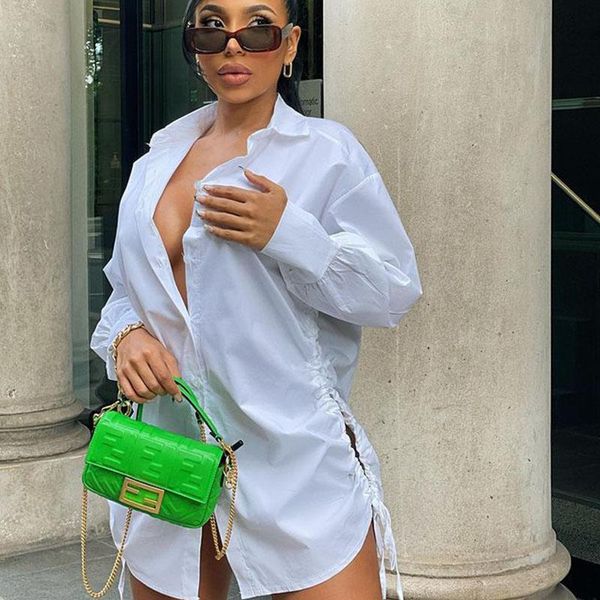 

casual dresses white long sleeve dress for women fall 2021 streetwear loose side drawstring hollow out button up mini shirt, Black;gray