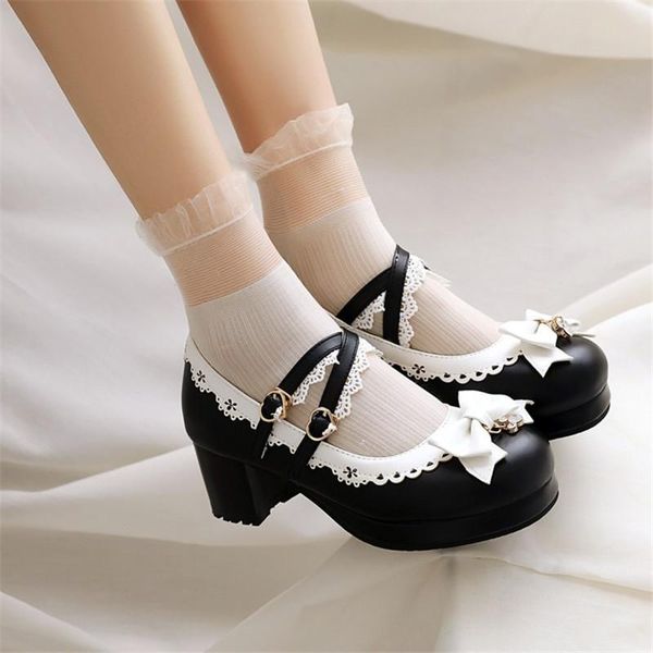 

dress shoes pxelena plus size 34-43 ruffles lace butterfly-knot cross tied lolita women girls princess wedding cosplay pumps 43, Black