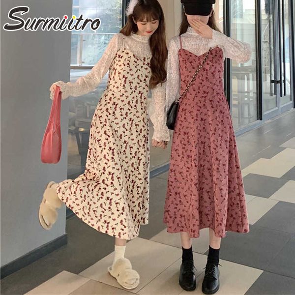 Surmiitro Süße Spaghetti Strap Sommer Langes Kleid Frauen Koreaner Stil Blumendruck Sleeveless Tunika Midi Suness Weibliche 210712