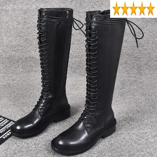 

boots autumn brand euro cross tied womens high british motorcycle winter round toe zip female leather knight, Black