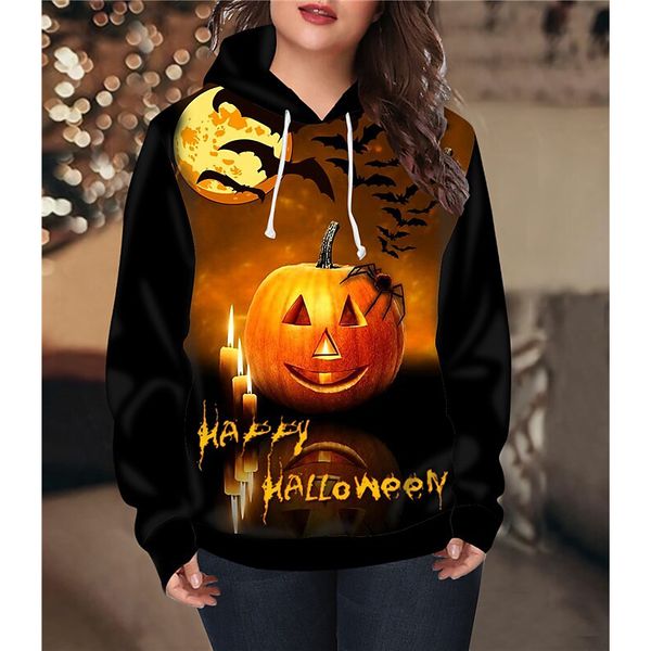 

2021 women s sports hoodie halloween pumpkin pattern long sleeve sweatshirt multicolor polyester print pullover, Black