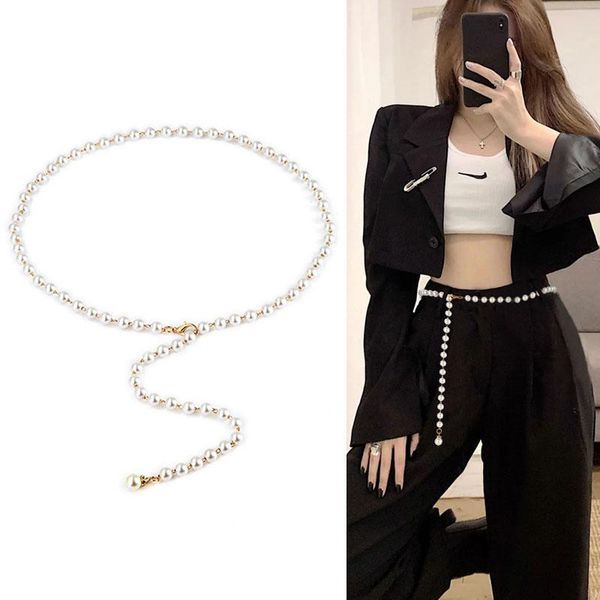 

belts 2021 fashion women's pearl waist belt ladies metal chain thin for dress ceinture femme, Black;brown