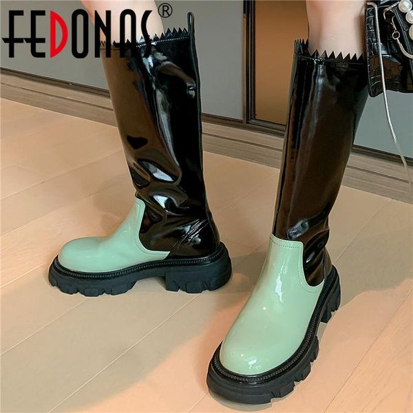 

boots fedonas mixed colors brand women knee-high genuine leather fashion casual party shoes woman autumn winter four season, Black