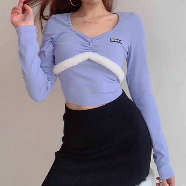 

women's t-shirt square collar girl's solid color long sleeve embroidered pleated stitching plush crop, White