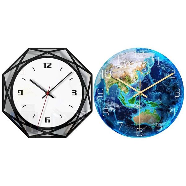 

wall clocks wooden clock- black and white transparent acrylic clock with luminous earth planet print