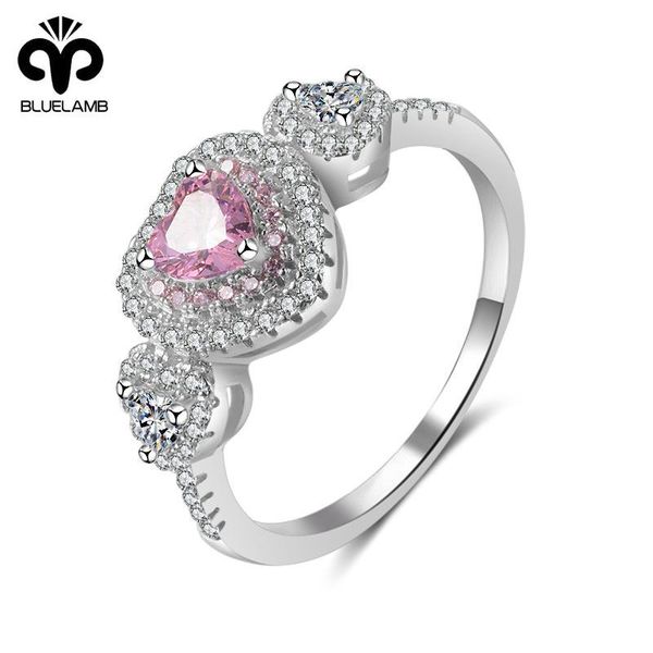 

wedding rings real 925 sterling silver love romantic ring for women female fashion proposal shiny zircon pink stone fine jewelry gifts, Slivery;golden