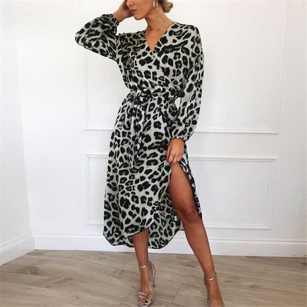 

leopard dress autumn elegant women chiffon midi es loose long sleeve v neck tunic party vestidos de fiesta 210526, Black;gray